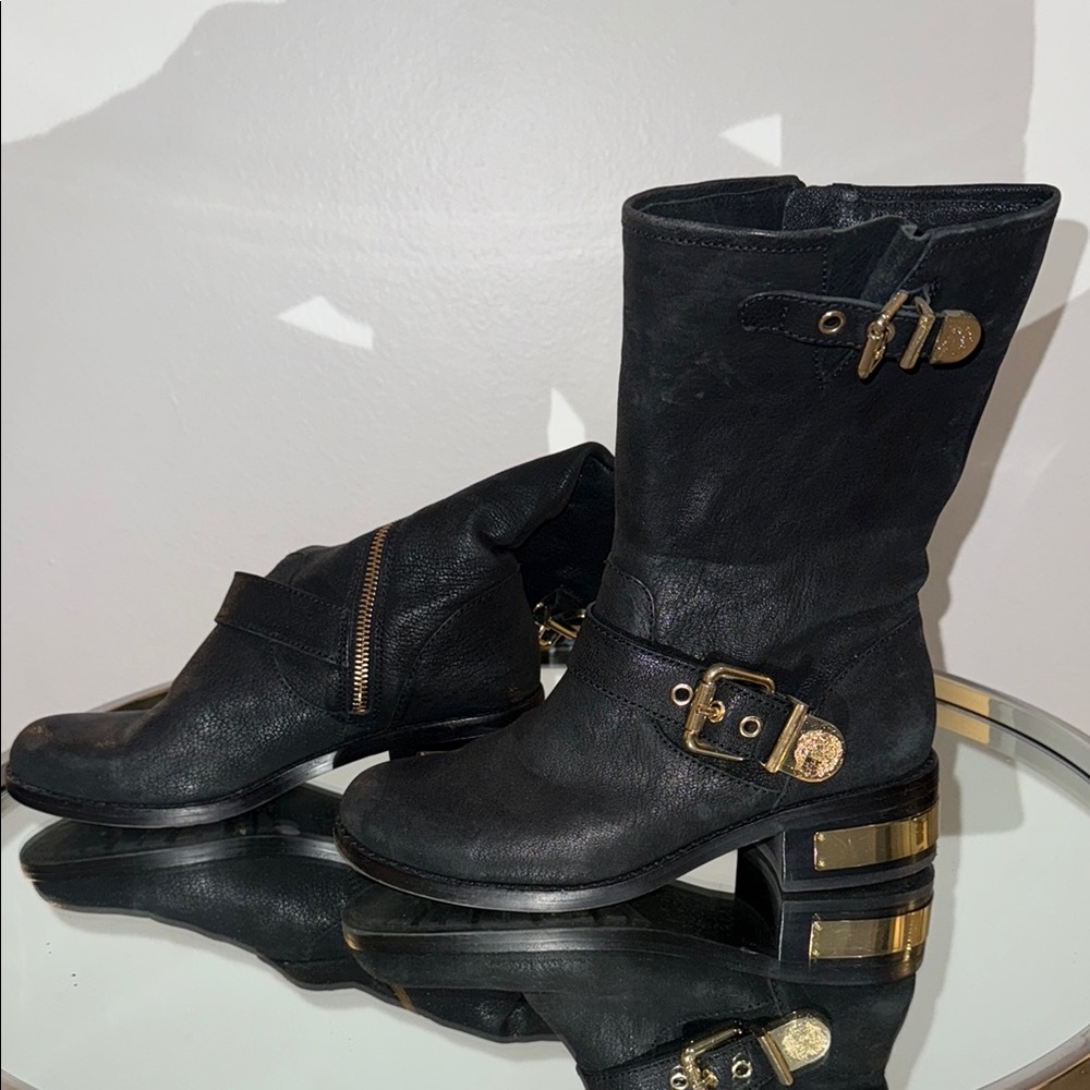 Vince Camuto Black Heeled Boots with Gold Accents